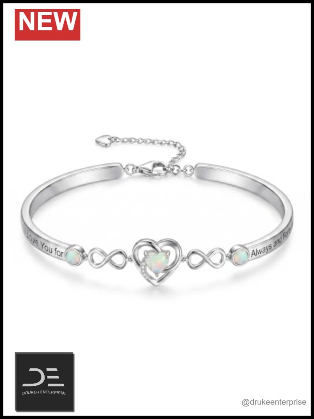 White Gold Plated Opal Bangle Bracelet Engraved Love Quote Women Jewelry